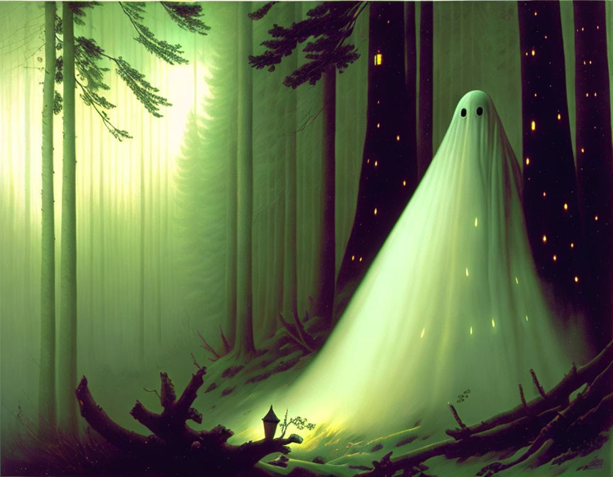 Ghostly figure in green forest with fireflies and candle