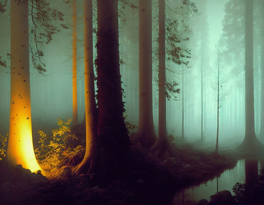 Enchanting forest scene: towering trees, serene stream, golden light in foggy ambiance