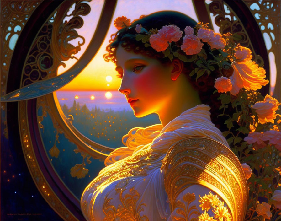 Woman with flowers in hair gazing at sunset through window, adorned with intricate patterns.