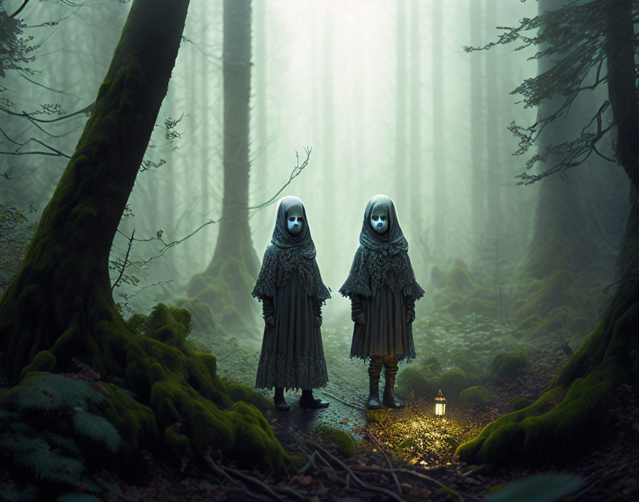 Misty forest scene with eerie figures in cloaks