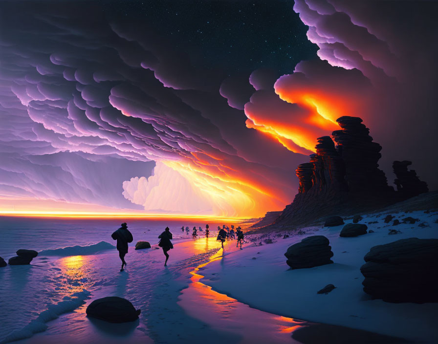 Group of people walking on beach at twilight under dramatic sky.