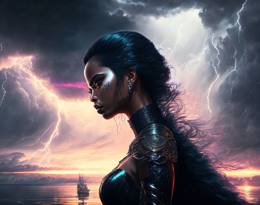 Digital artwork: Dark-haired woman with dramatic makeup in stormy backdrop