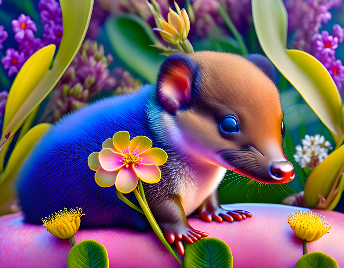 Colorful Cartoon Weasel in Floral Garden Scene