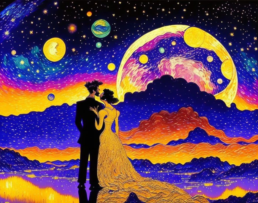 Silhouette of couple against cosmic backdrop with moon, planets, and starry sky reflected in water