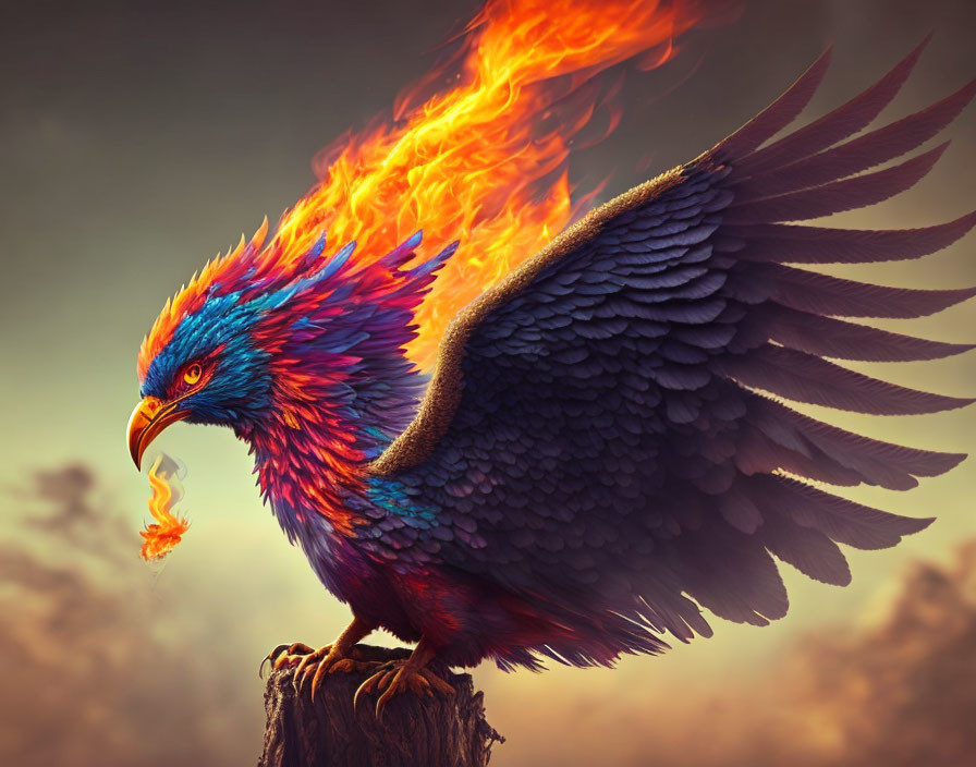 Majestic fiery phoenix with blue and purple feathers perched on a stump