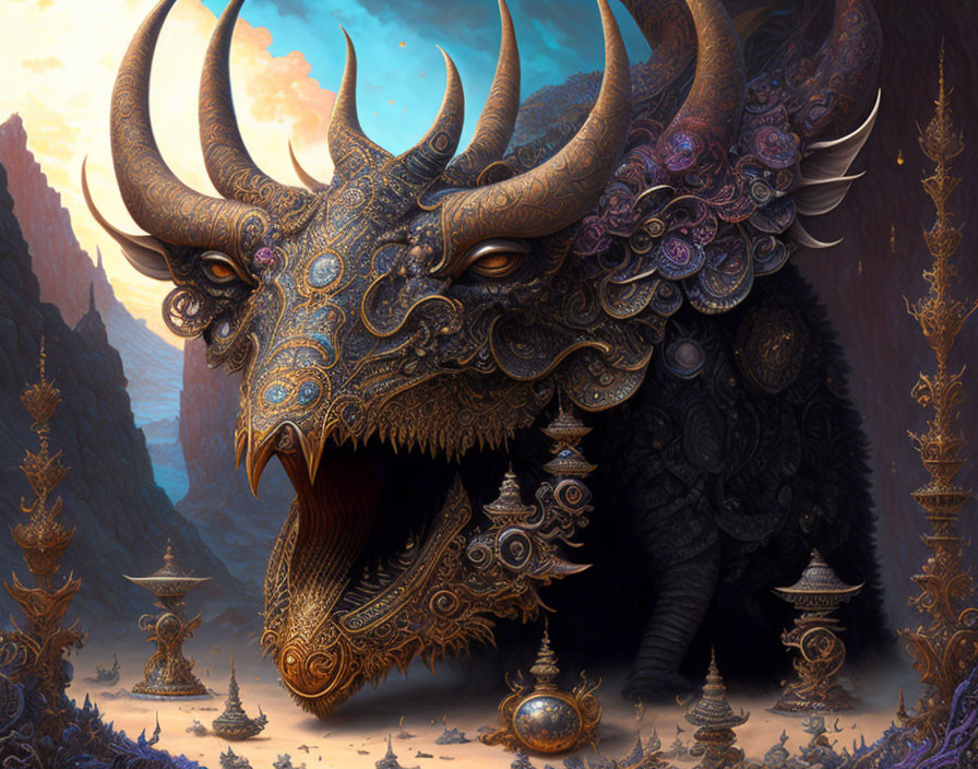 Majestic dragon with jeweled horns in fantasy setting