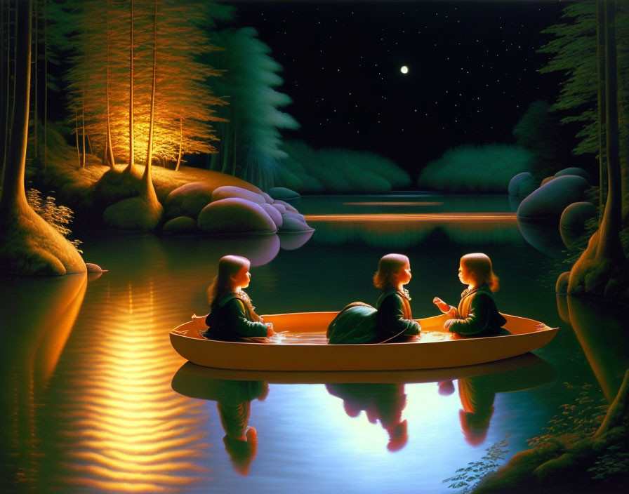 Four individuals rowing on lake under starry night sky