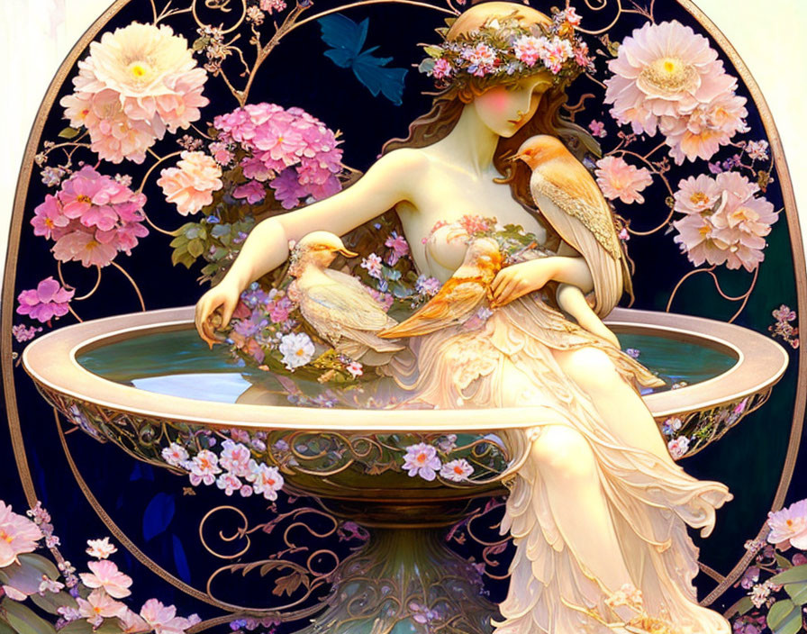 Woman in flowing dress by basin with birds and lush flowers.