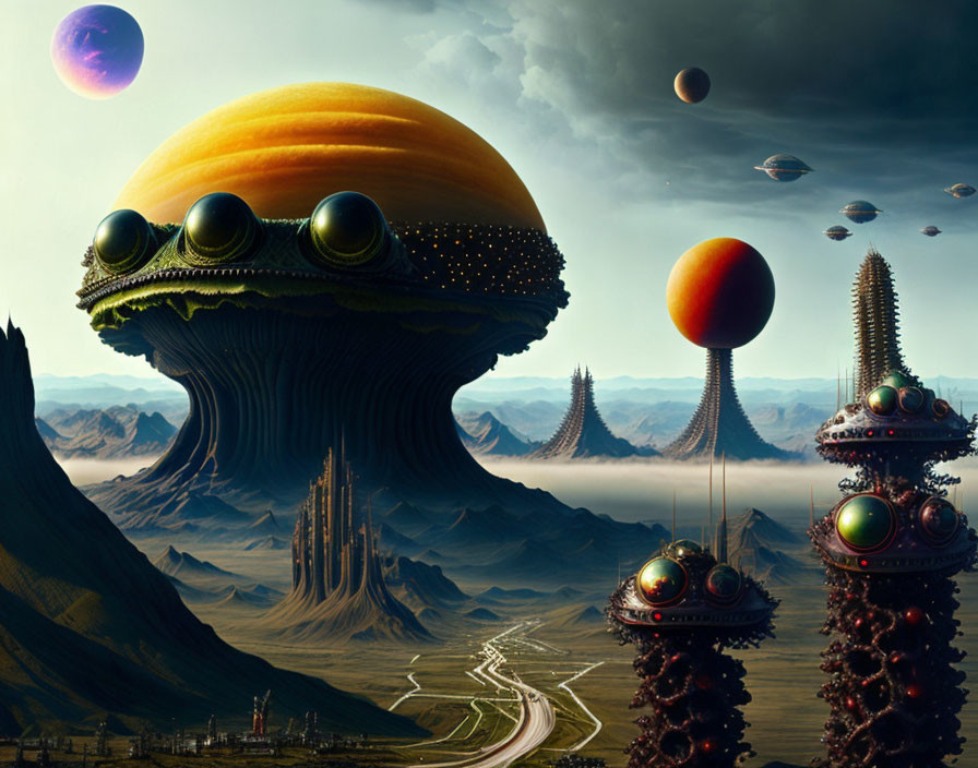 Alien landscape with towering mushrooms, floating vehicles, moons & winding road