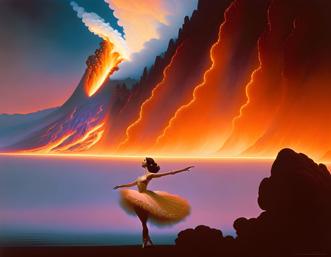 Ballet dancer in front of surreal landscape with erupting volcanoes