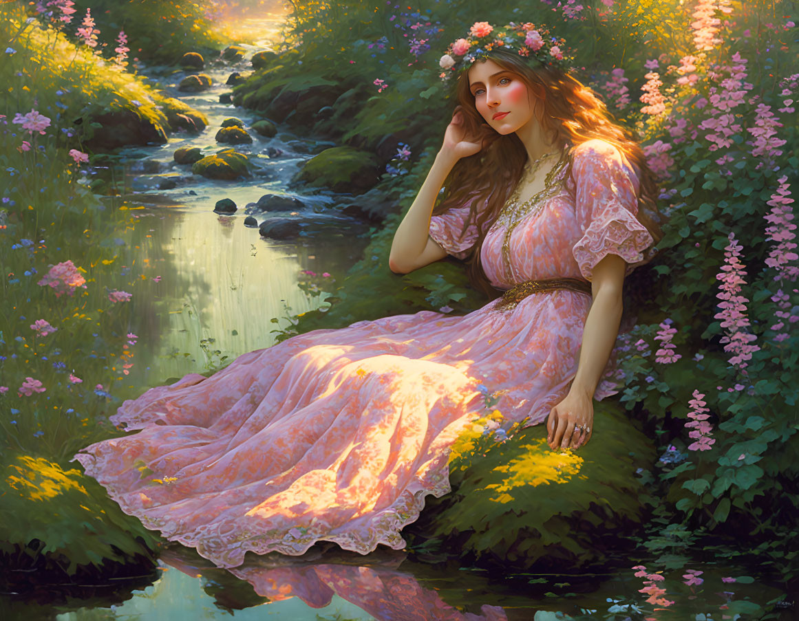 Woman in pink floral dress by stream surrounded by greenery and flowers