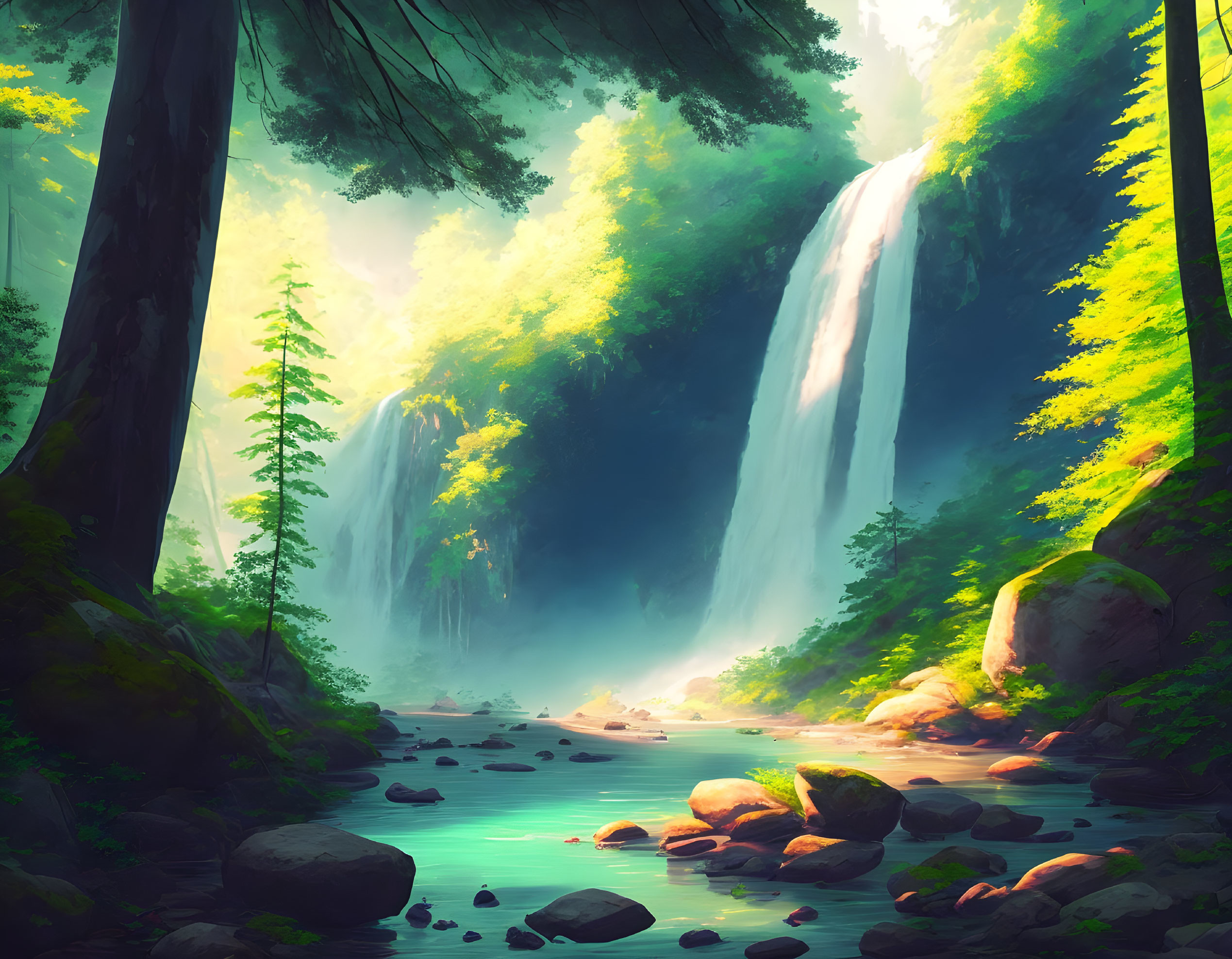 Tranquil forest waterfall with sunbeams and lush greenery