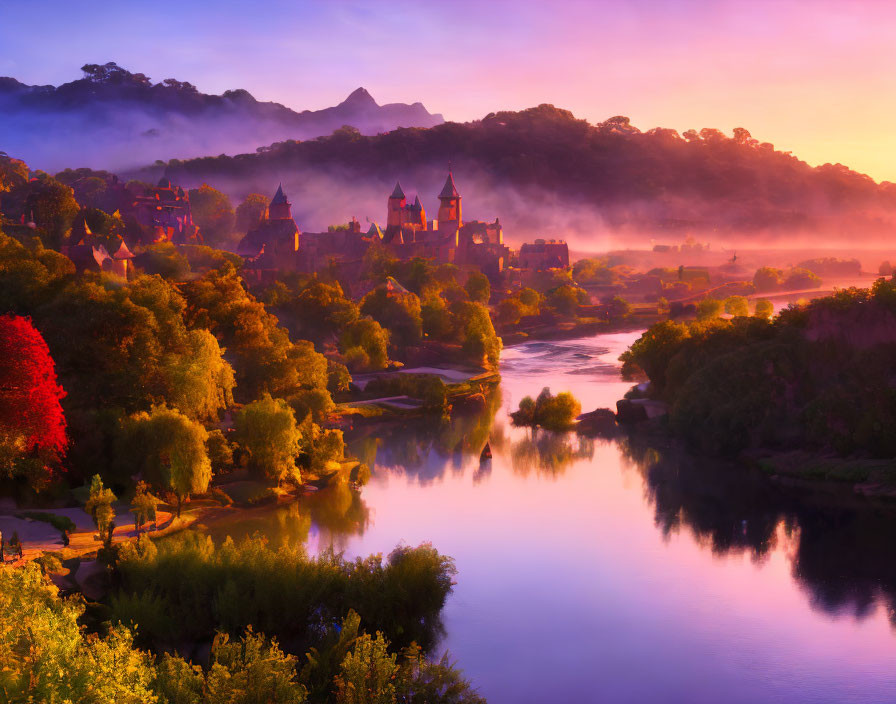 Tranquil river sunrise with old castle, misty landscape, vibrant foliage