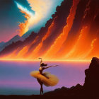 Ballet dancer in front of surreal landscape with erupting volcanoes