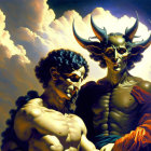 Muscular horned beings in dramatic sky with blue hair & menacing grin