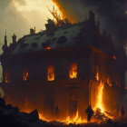 Dark painting of burning grand building with silhouettes.