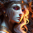 Fantasy character portrait with glowing pink eyes and golden headpiece