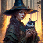 Mystical witch with curly hair holding cat in enchanted forest