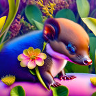 Colorful Cartoon Weasel in Floral Garden Scene