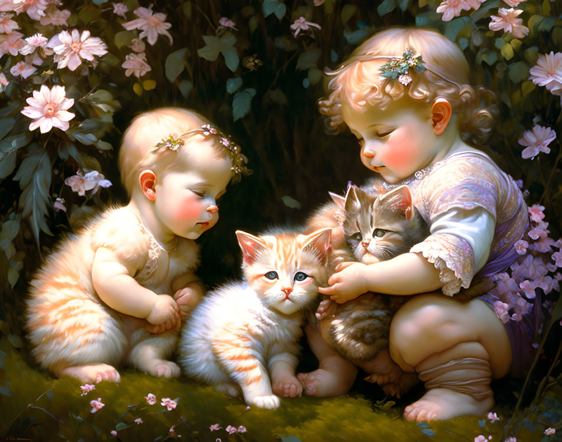 Angel toddlers with floral headpieces playing with kittens in a serene floral setting