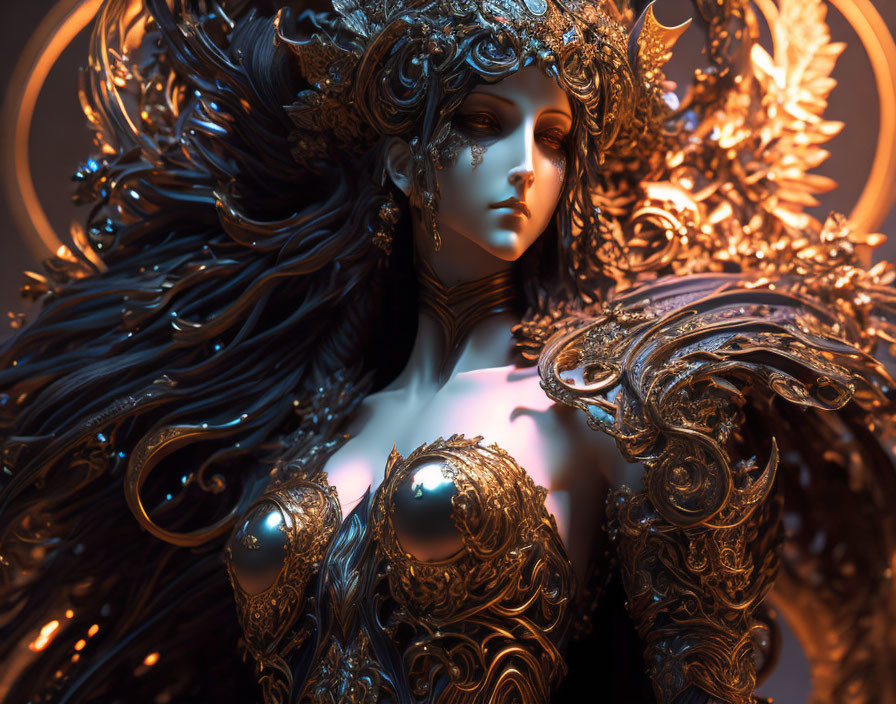 Detailed Fantasy Female Figure in Ornate Gold Armor and Headdress