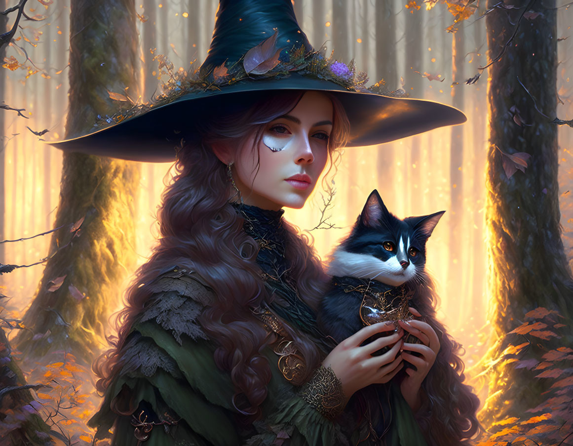 Mystical witch with curly hair holding cat in enchanted forest