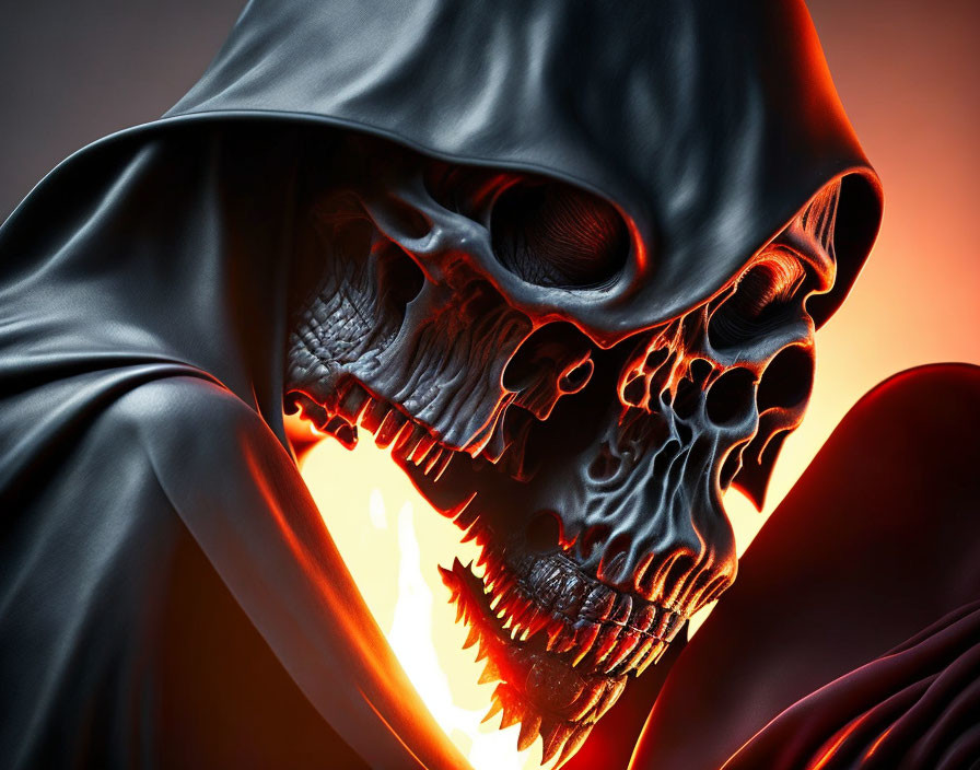 Detailed digital illustration: Skull with glowing eyes, dark hooded cloak, fiery aura.