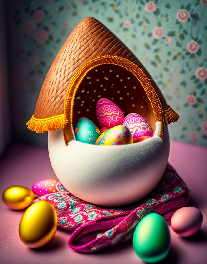 Colorful Easter Egg Display with Cracked Large Egg & Patterned Eggs