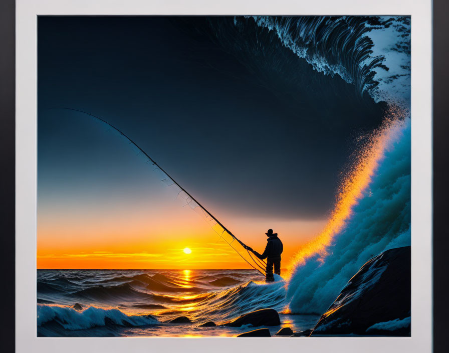 Silhouette of person fishing on rocky shoreline at sunset