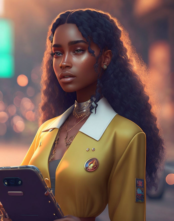 Digital artwork: Woman with long curly hair and phone in yellow jacket with badges in warm ambiance