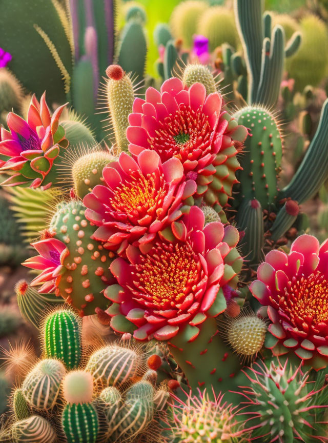 Assorted blooming cacti in red and green textures