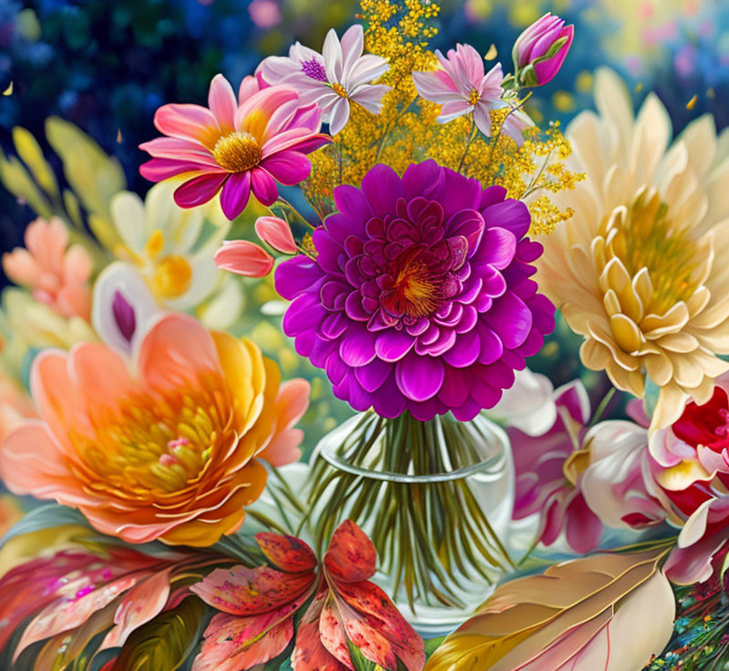 Colorful bouquet of flowers with prominent purple bloom and greenery on blurred backdrop