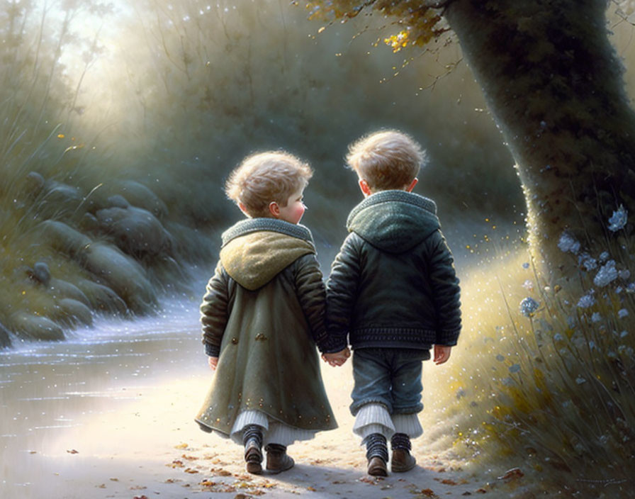 Children walking hand in hand in misty forest with sunlight filtering through trees