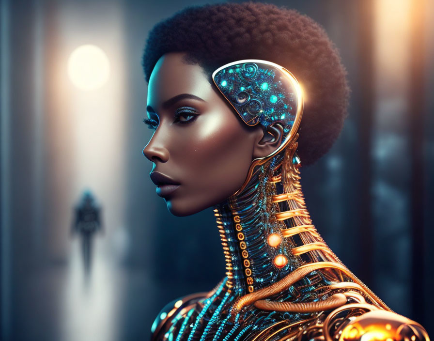 Cybernetic Afro Woman Portrait with Mechanical Details