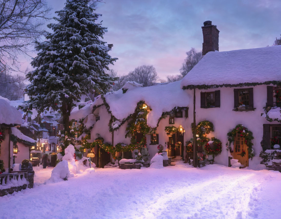 Winter scene: snow-covered cottage with festive decorations and snowman at twilight