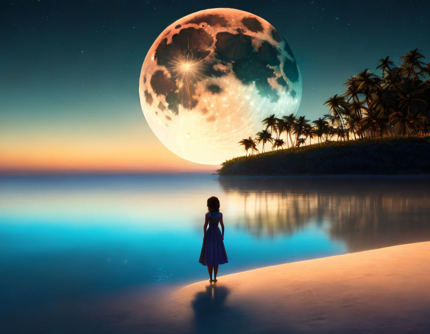 Twilight beach scene with giant moon, palm trees, and twinkling stars