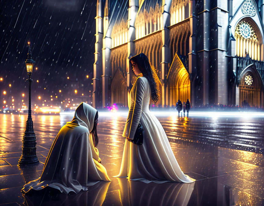 Woman on wet, reflective street at night facing cloaked figure in front of cathedral in rain