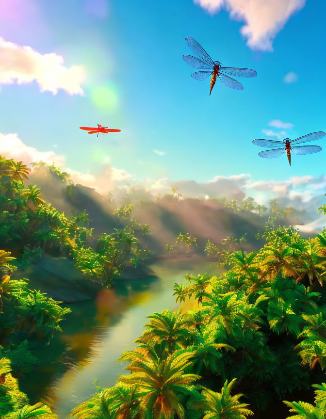 Dragonflies flying over lush jungle river under sunny sky