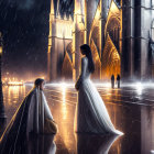 Woman on wet, reflective street at night facing cloaked figure in front of cathedral in rain