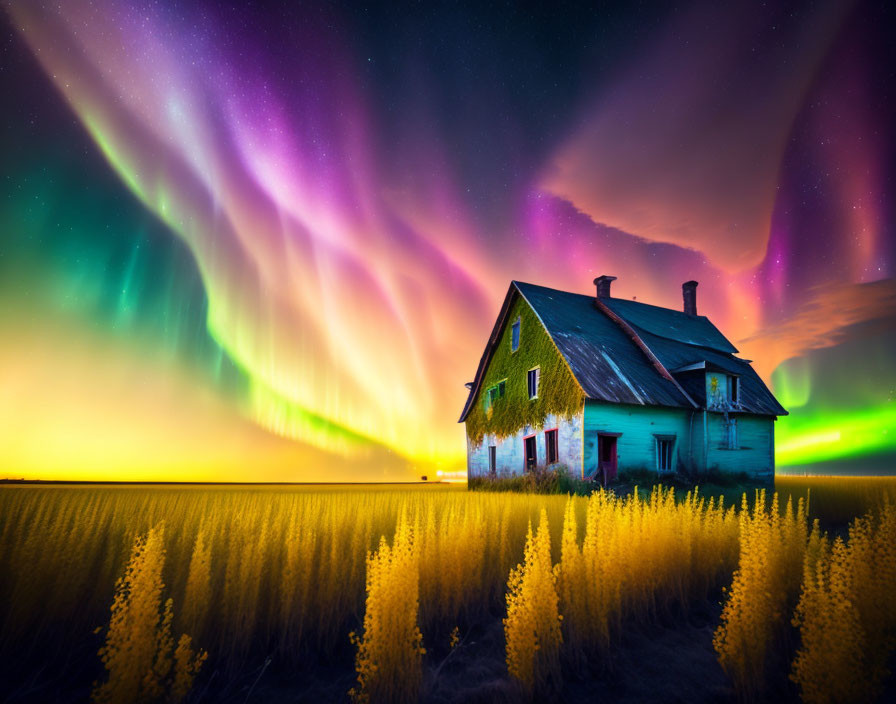 Colorful aurora borealis above isolated house in wheat field