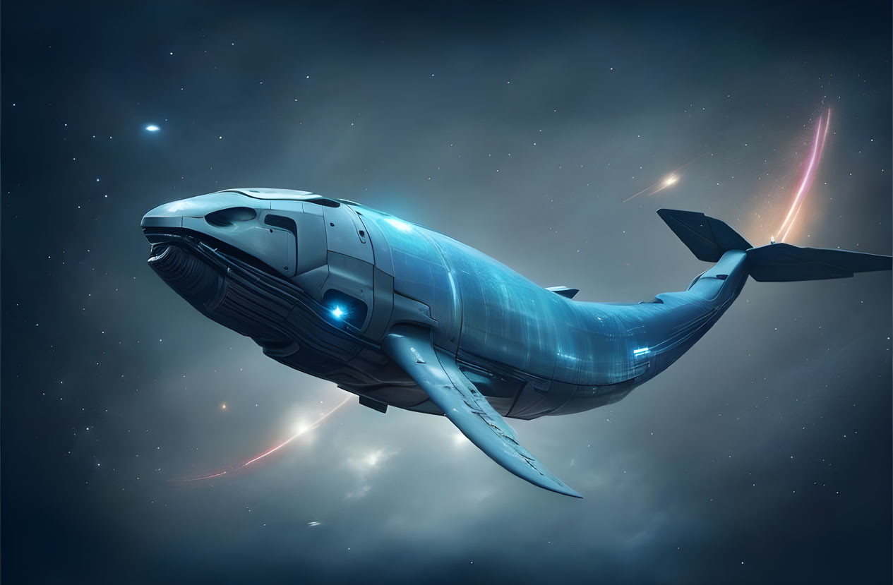 Whale-shaped spacecraft in space with glowing body and comet streaking