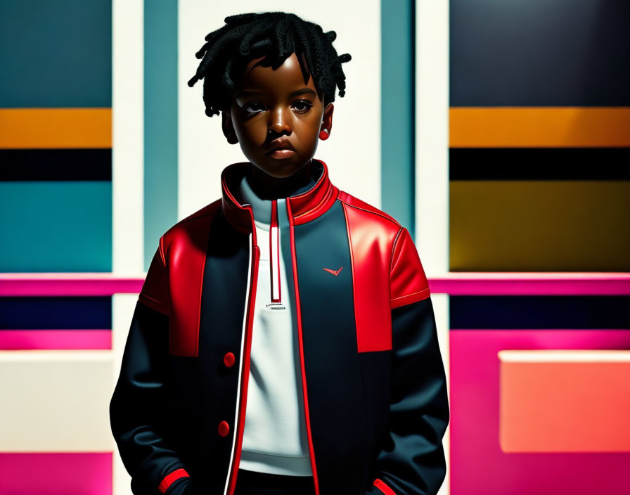 Child in Red and Black Jacket Against Colorful Geometric Background