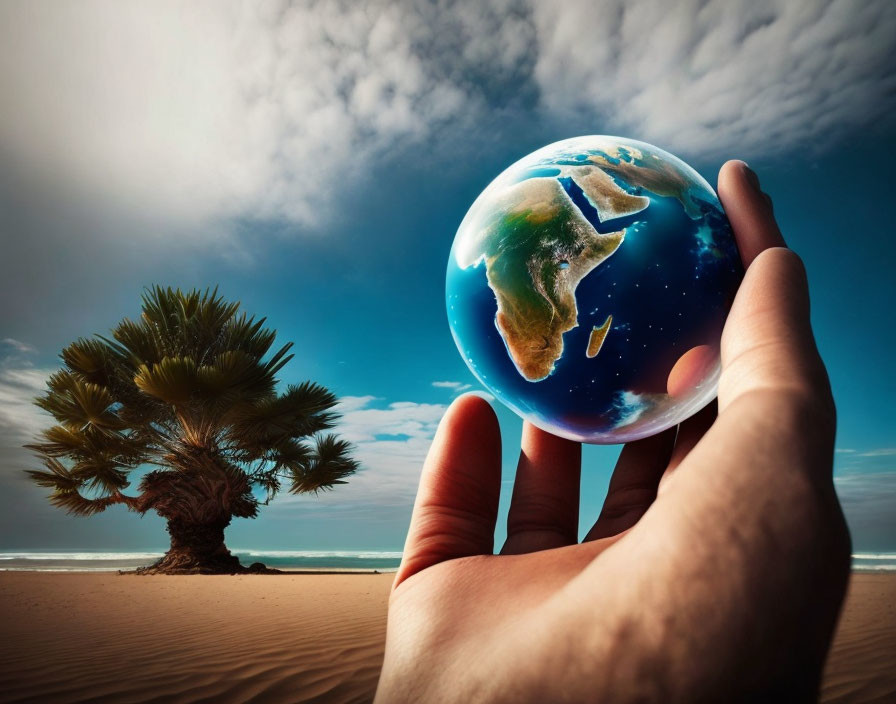 Vibrant miniature Earth held against beach backdrop