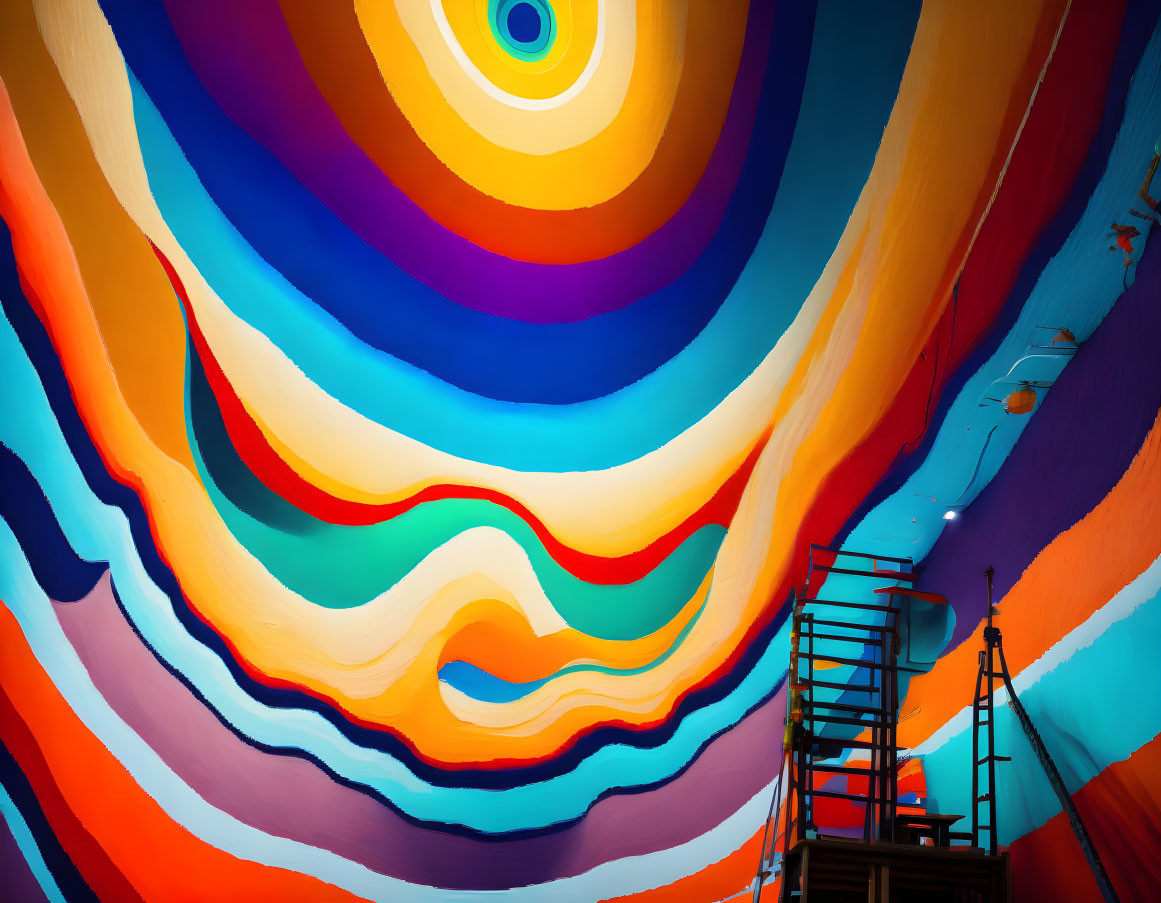 Vibrant wavy patterns in colorful abstract ceiling mural