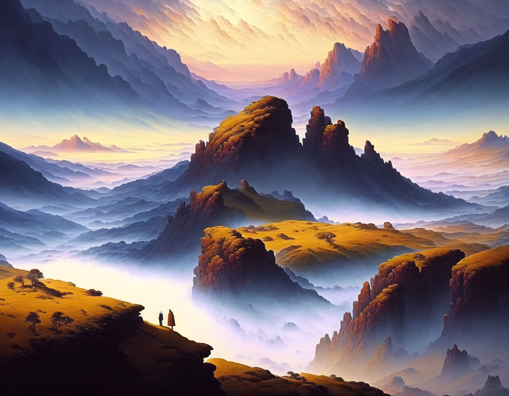 Majestic mountain landscape with mist, colorful sky, and figures