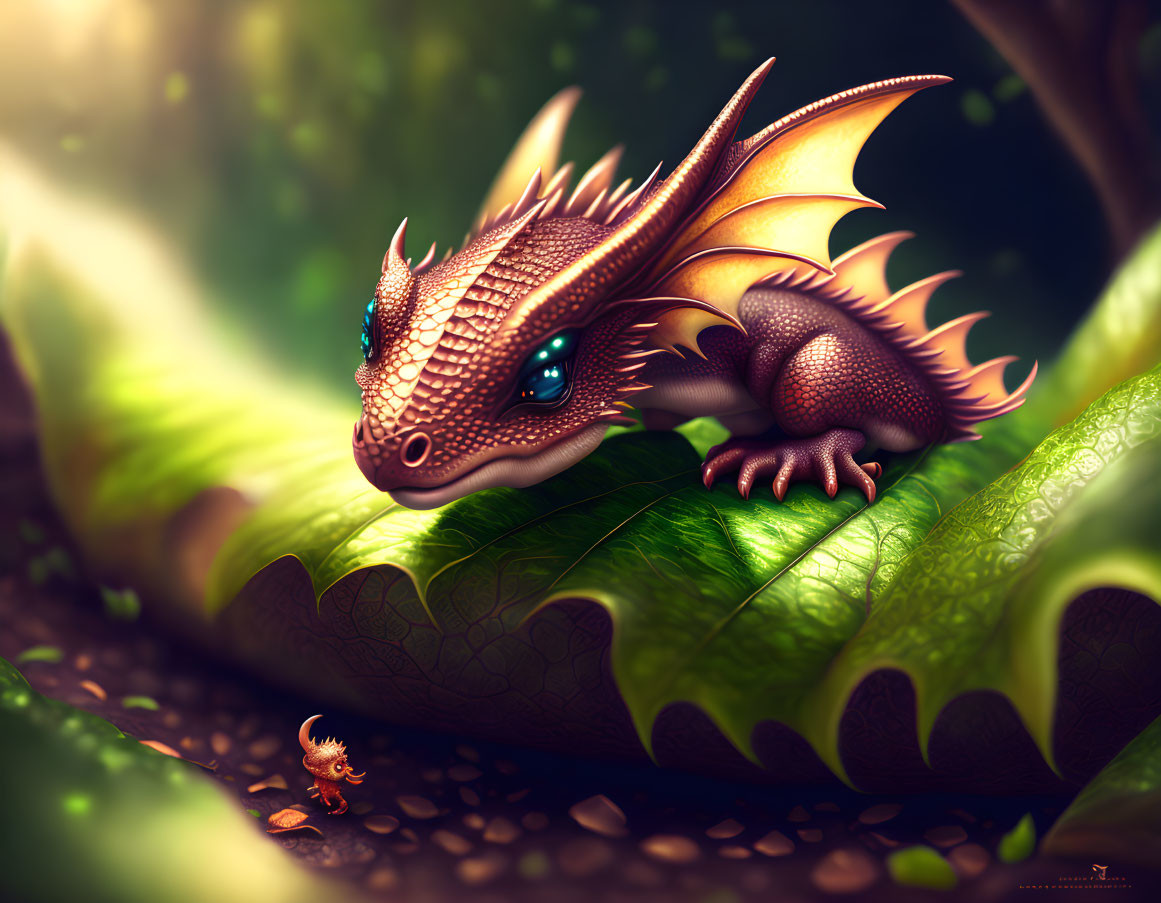 Brown and Orange Dragon on Green Leaf in Mystical Forest