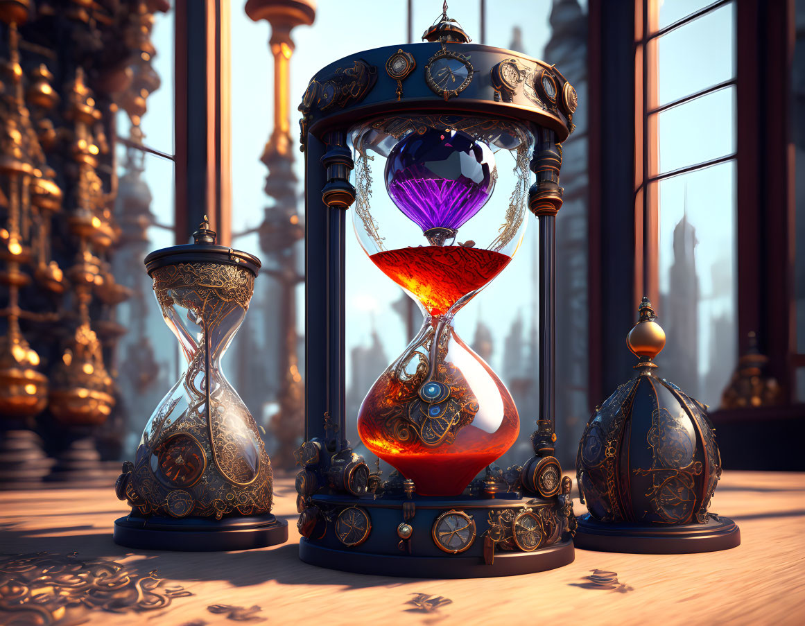 Intricate glowing purple core hourglass with metal lamps in ornate room