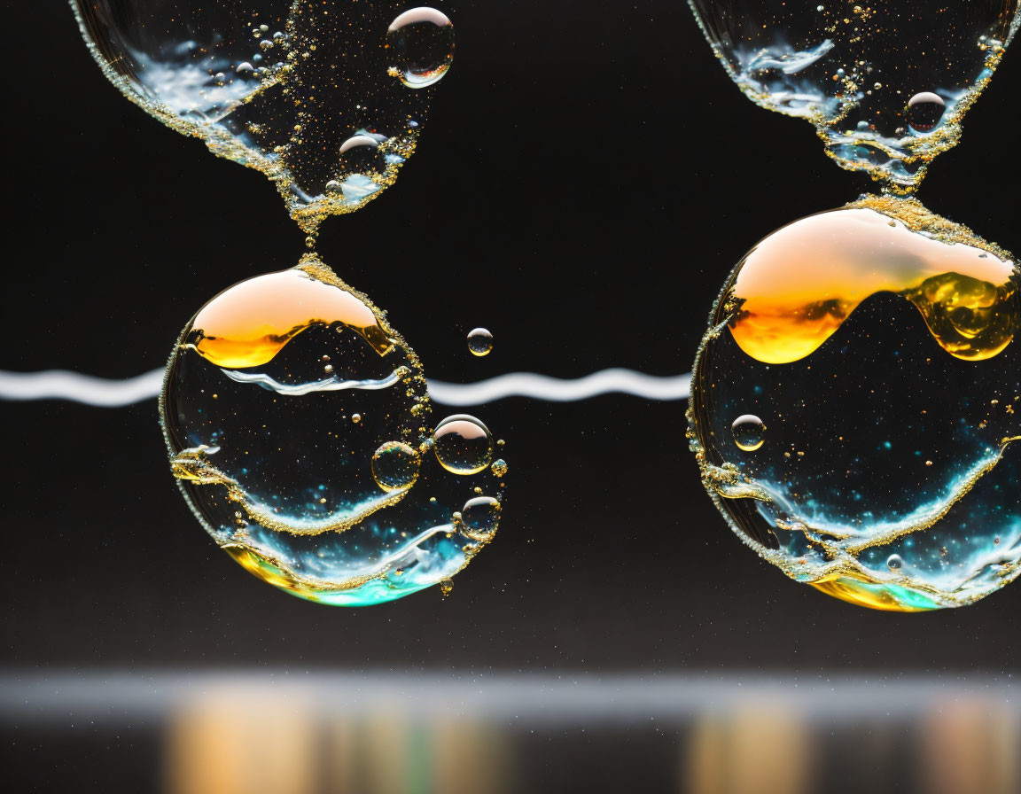 Golden oil droplets in water on dark background