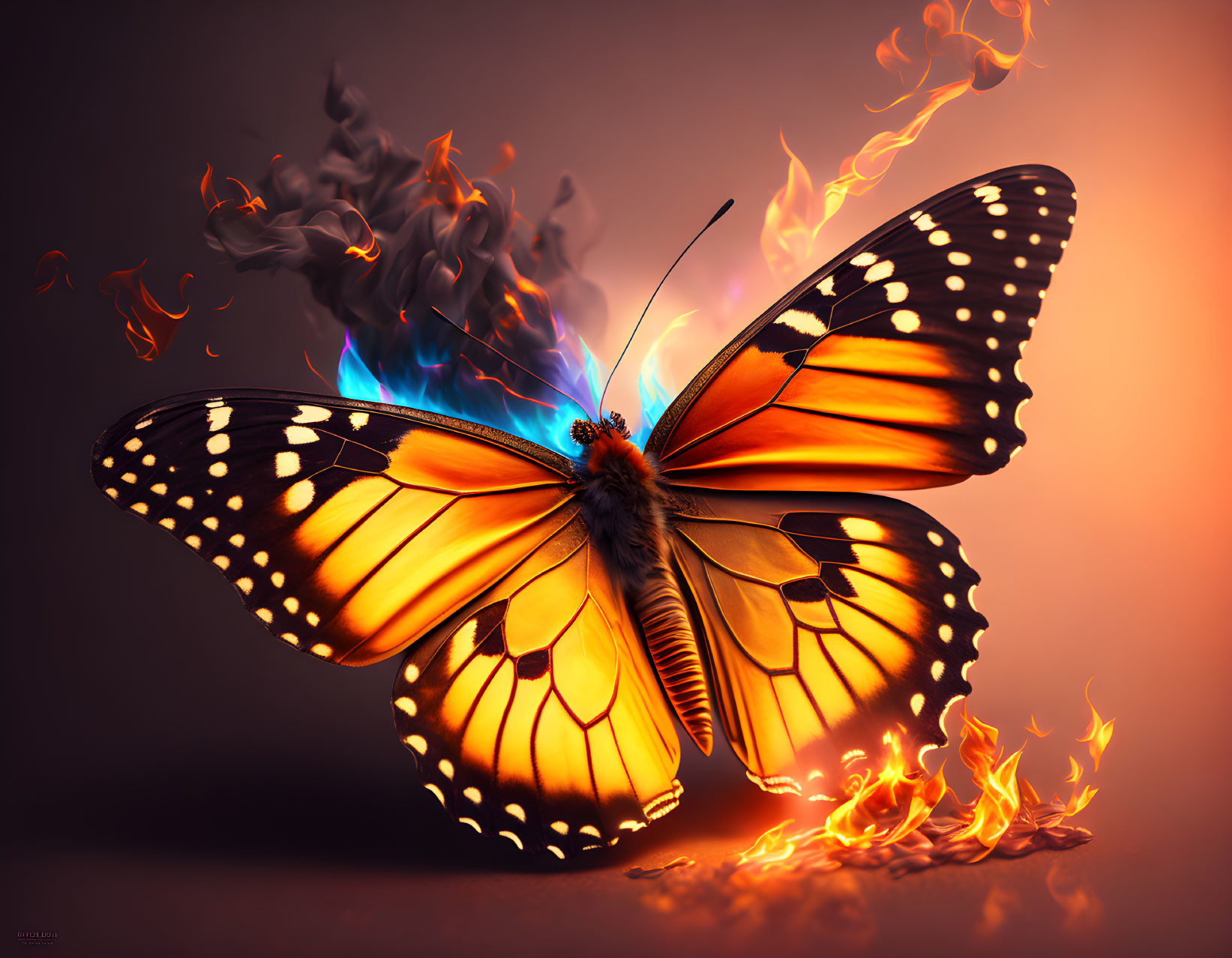 Orange butterfly with fiery wings on warm background