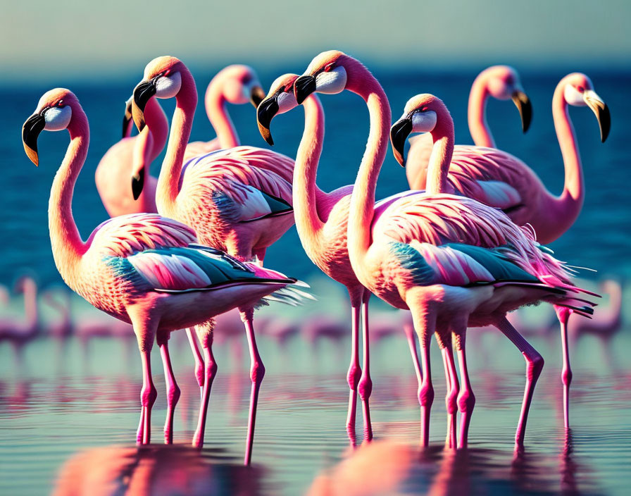 Vibrant pink flamingos in shallow water with blue backdrop